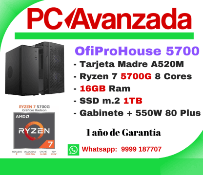 Computadora WORK ZEN57: RYZEN 7 5700G 8 CORES TURBO 4.6GHZ, MOTHER A520, DDR4 16GB, M.2 NVME 1TB, GABINETE ACTECK+ 550W 80 plus (SERIE 5000)